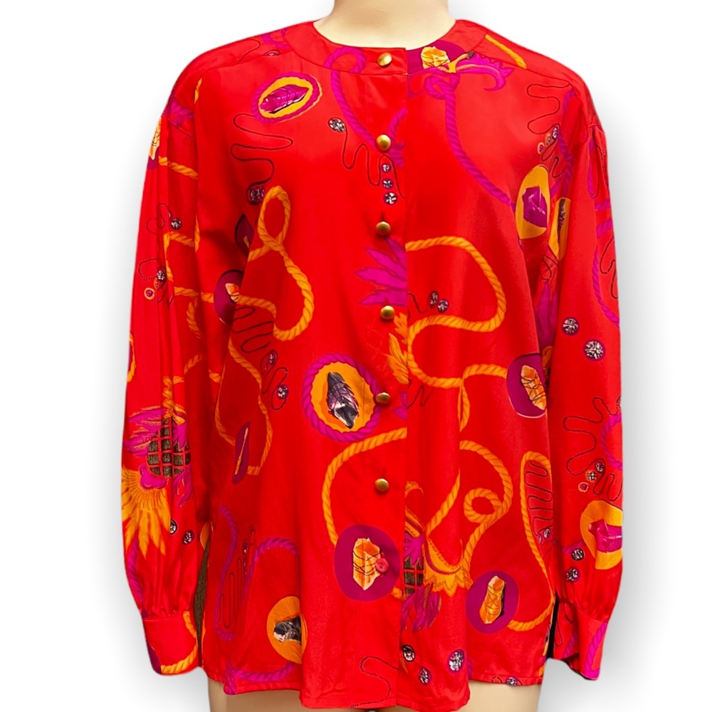 Escada Vintage Red and Orange Patterned Blouse